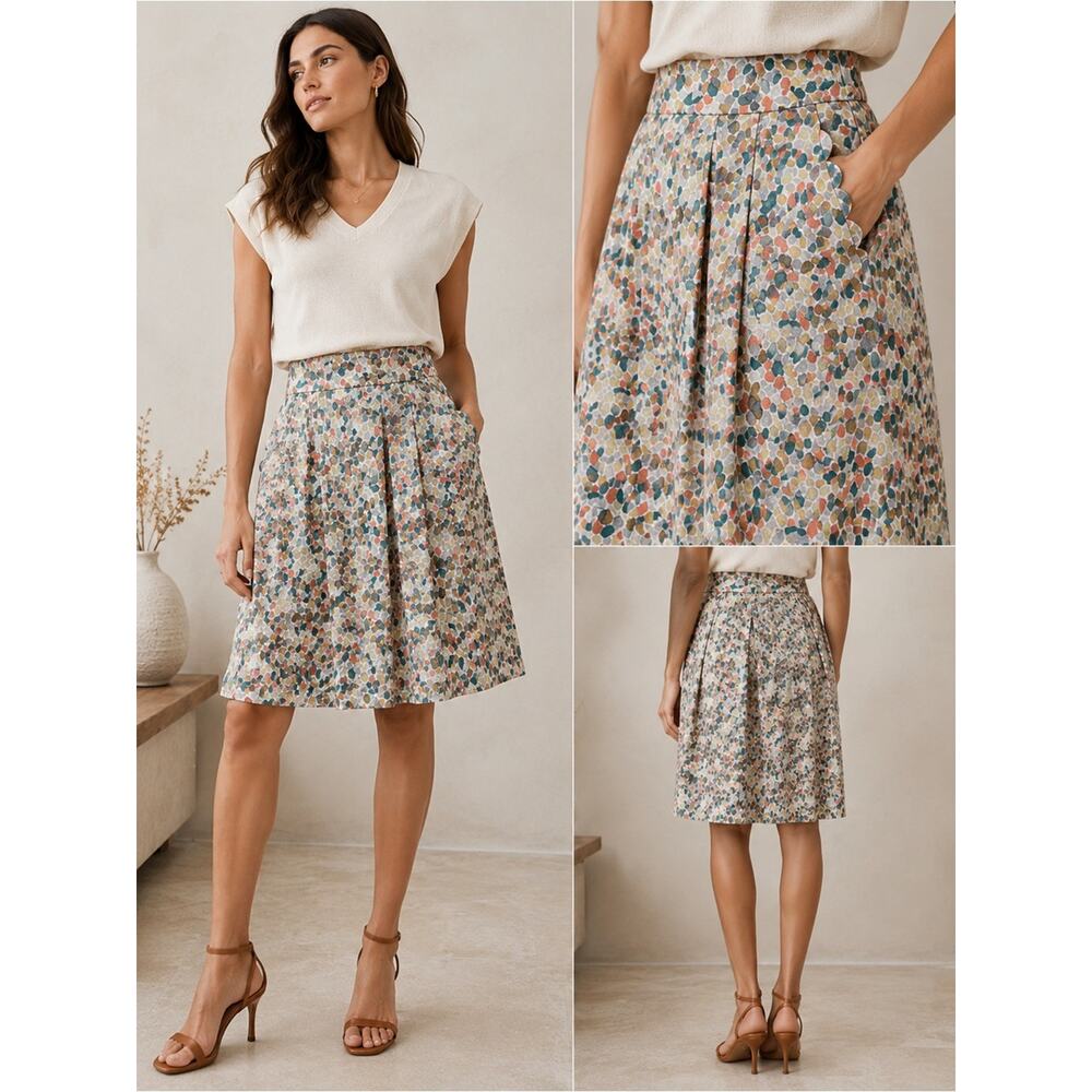 Sita Murt 100% Silk Abstract Print Skirt Scallop Pocket Detail EU 44 US 30